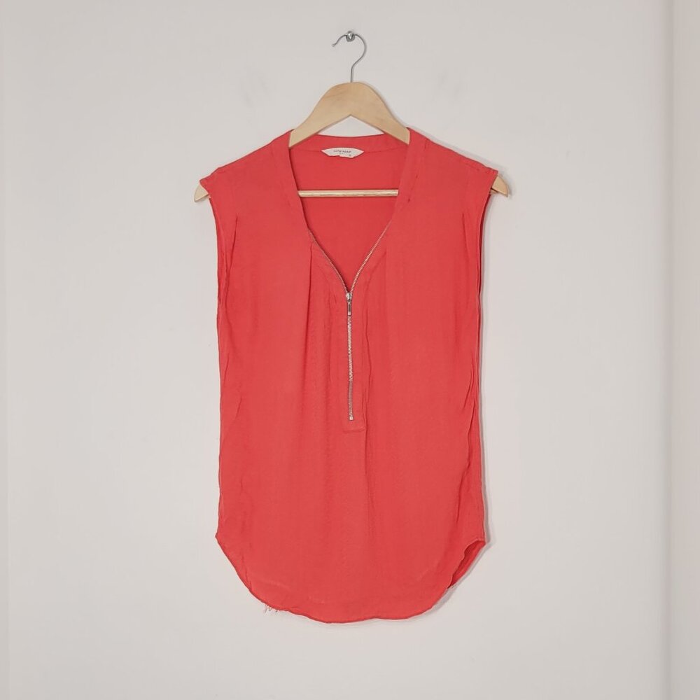 NAF NAF Women's Red Relaxed Fit Zipper V-neck Cap Sleeve Casual Blouse Size 36